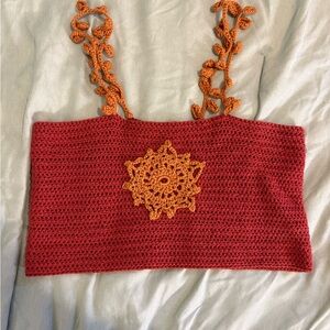 Handmade Red Crochet Crop Top with Orange Sun Accent